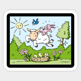 Happy Easter Lamb bunny chicks jumping Sticker